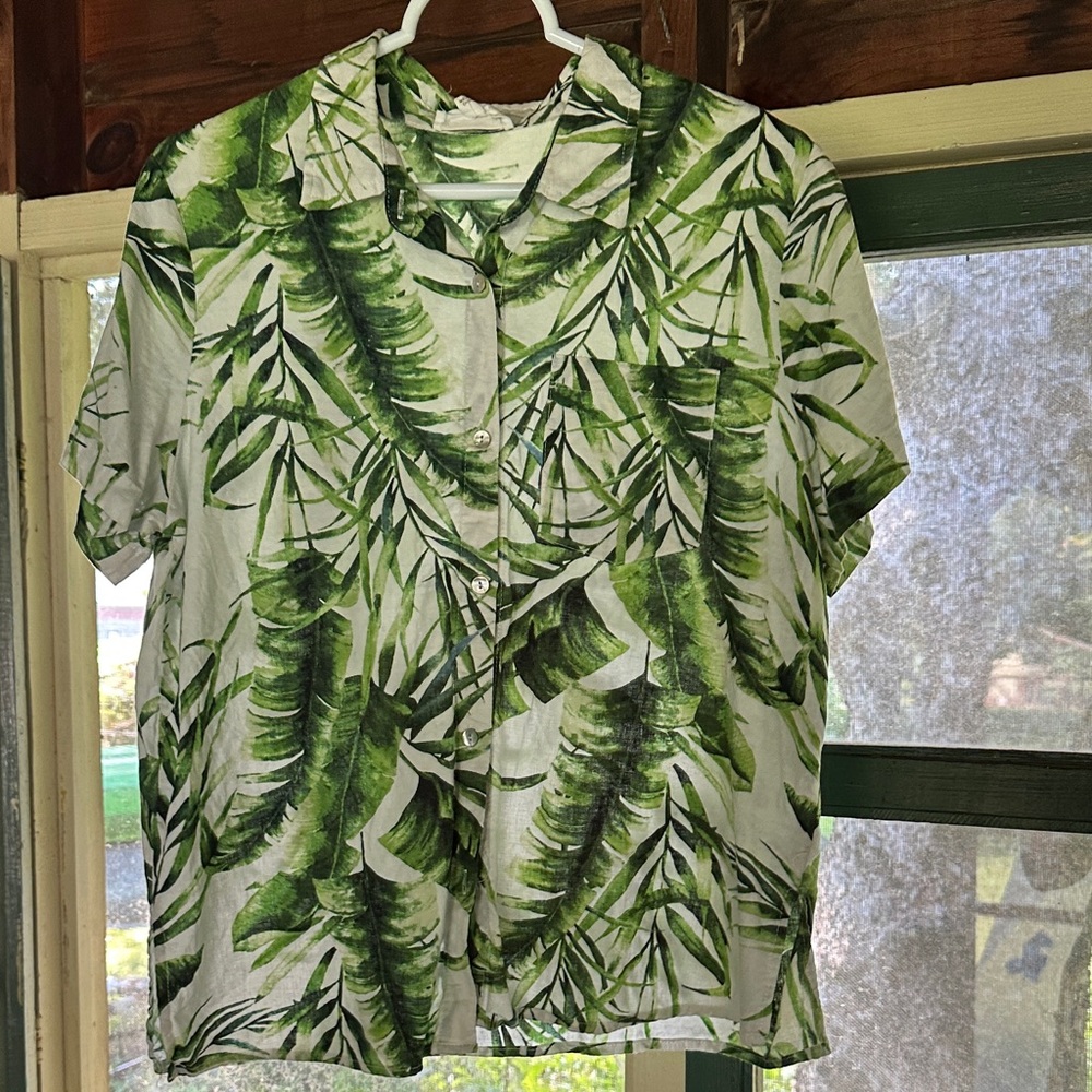 Panama Jack Green Leaf Print Button Doen Linen Blend Shirt M